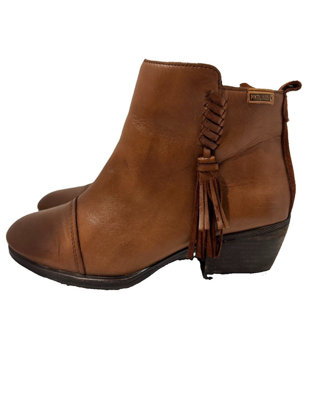 Pikolinos Baqueira Brown Leather Ankle Boots Fringe Tassel Whipstitch EU 39